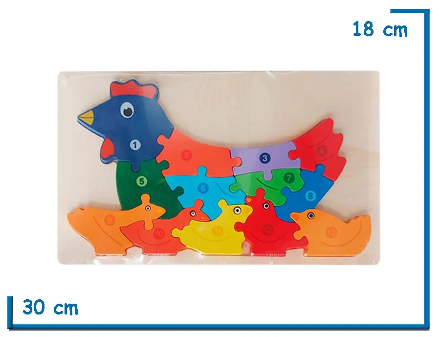 ENCASTRE DE MADERA GRANDE GALLINA ROMPECABEZAS NUMERADO
