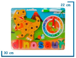 ENCASTRE DE MADERA DINOSAUR NUMERADO CON RELOJ Y PIZARRA