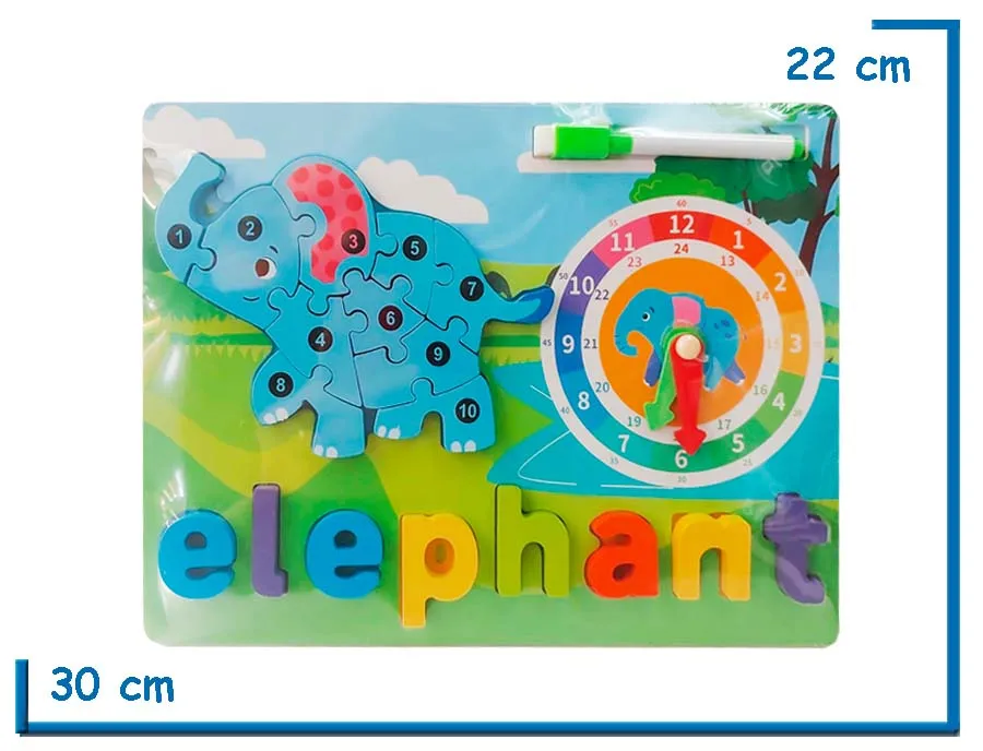 ENCASTRE DE MADERA ELEPHANT NUMERADO CON RELOJ Y PIZARRA