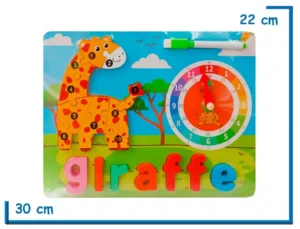ENCASTRE DE MADERA GIRAFFE NUMERADO CON RELOJ Y PIZARRA