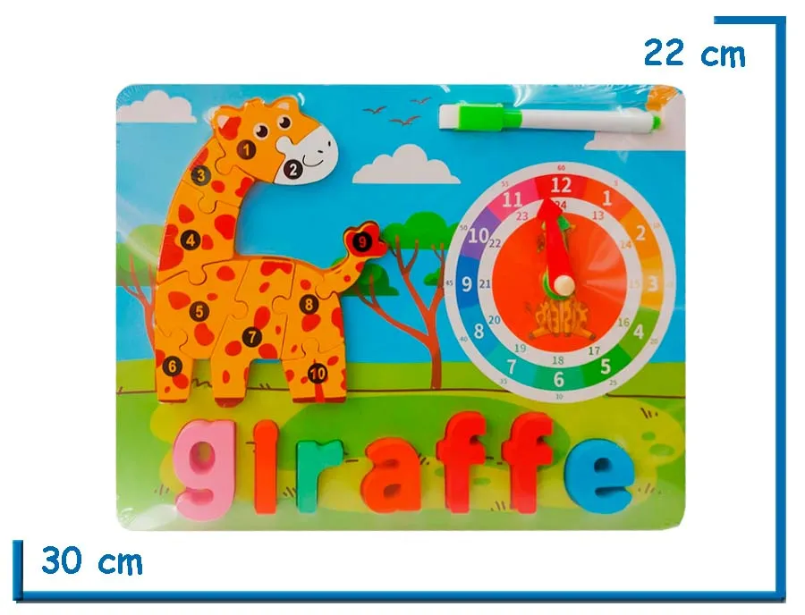 ENCASTRE DE MADERA GIRAFFE NUMERADO CON RELOJ Y PIZARRA