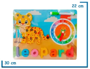 ENCASTRE DE MADERA LEOPARD NUMERADO CON RELOJ Y PIZARRA
