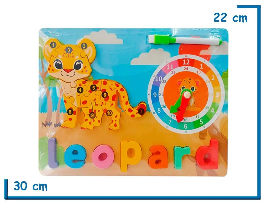 ENCASTRE DE MADERA LEOPARD NUMERADO CON RELOJ Y PIZARRA