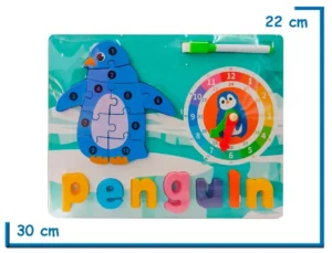 ENCASTRE DE MADERA PENGUIN NUMERADO CON RELOJ Y PIZARRA