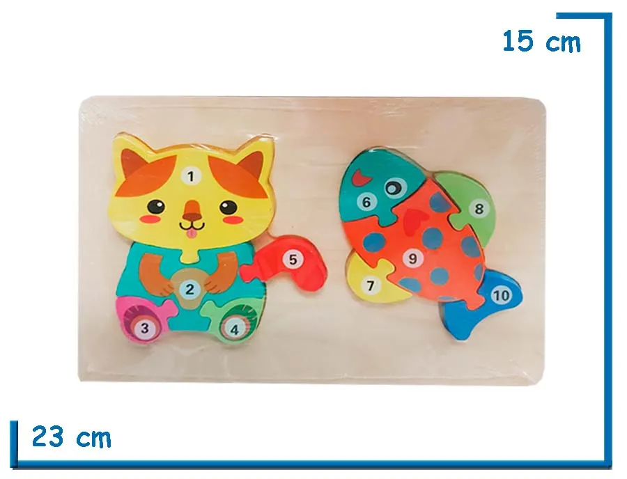 ENCASTRE DE MADERA GATO Y PEZ ROMPECABEZAS NUMERADO
