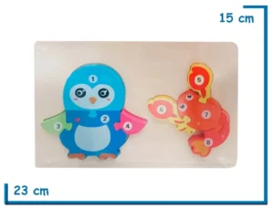ENCASTRE DE MADERA PINGUINO Y LANGOSTA ROMPECABEZAS NUMERADO
