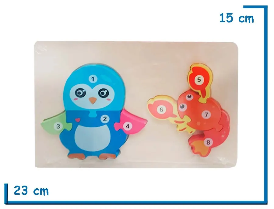 ENCASTRE DE MADERA PINGUINO Y LANGOSTA ROMPECABEZAS NUMERADO