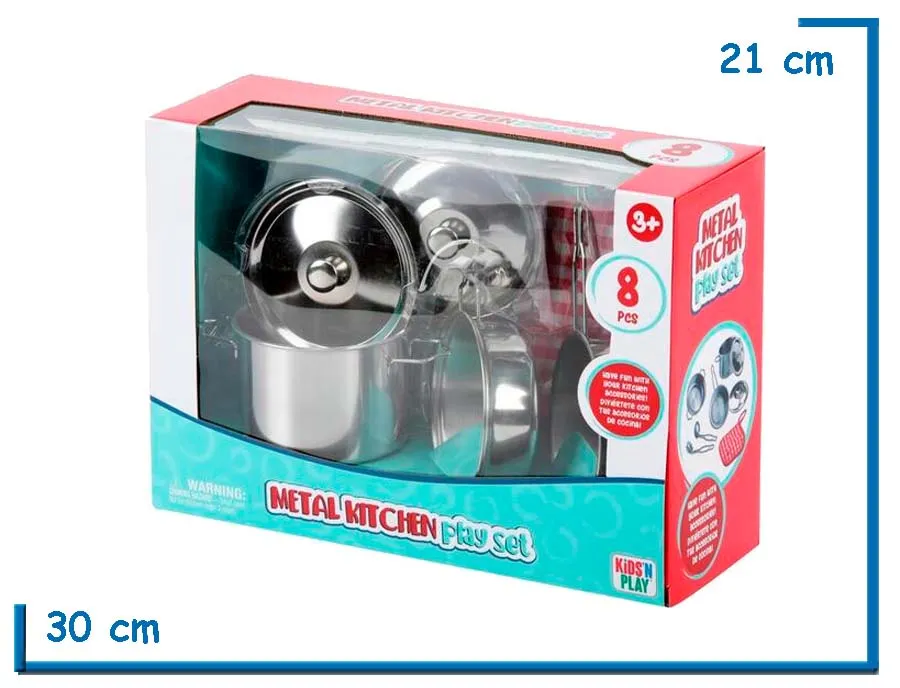 KIDS N PLAY METAL KITCHEN PLAY SET BATERIA DE COCINA PLATEADA 8 PZS