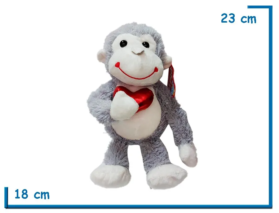 PELUCHE MONO SENTADO GRIS CON CORAZON METALIZADO 23CM