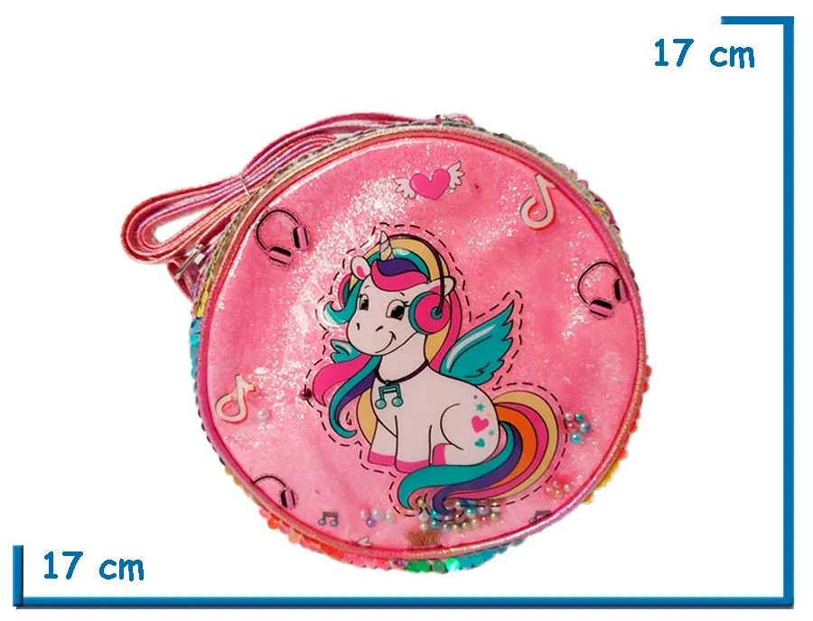 CARTERA REDONDA UNICORNIO AURICULARES CON LENTEJUELAS