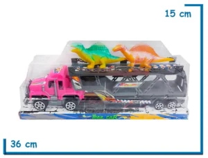 TRAIL CAR CAMION ROSA MEDIANO CON 2 DINOS A FRICCION