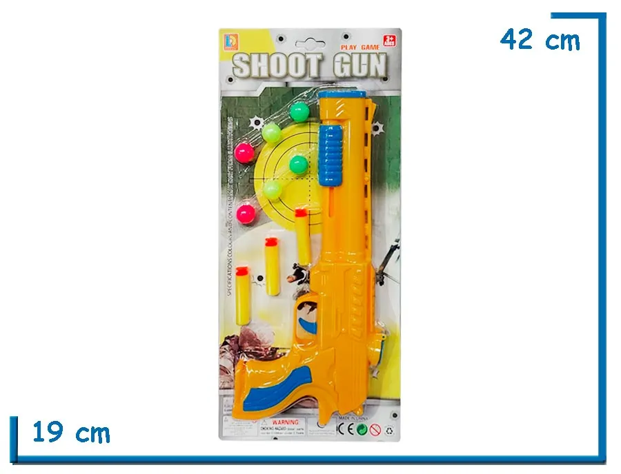 SHOOT GUN AMARILLA PISTOLA LANZA BOLAS EN BLISTER