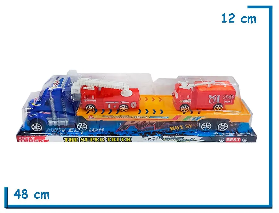CITY TRUCK CAMION AZUL GRANDE CON 2 CAMIONES BOMBERO A FRICCION