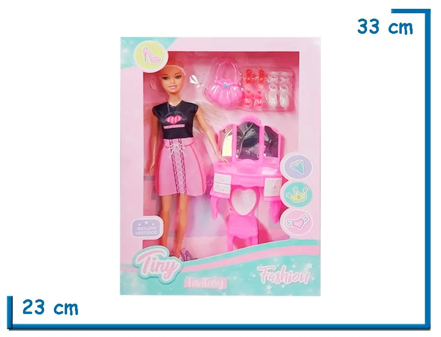 TINY FASHION MUÑECA VESTIDO BR IFORNIA CON TOCADOR