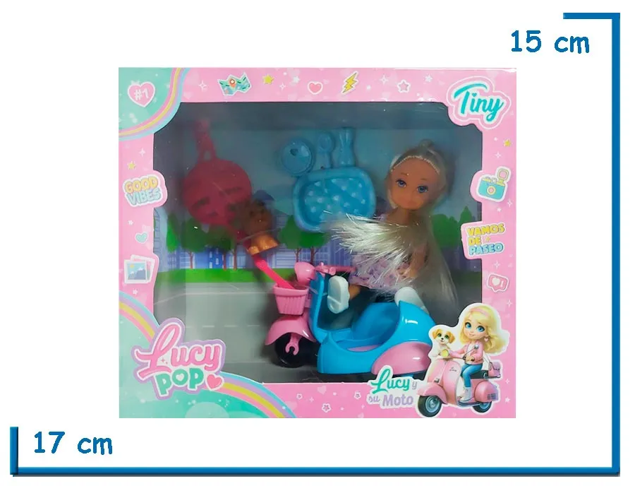 TINY LUCY POP MU¥ECA CON MOTO CELESTE Y ACCESORIOS