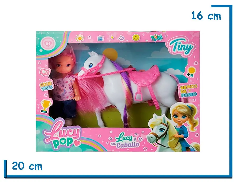 TINY LUCY POP MUÑECA PELO ROSA CON CABALLO Y ACCESORIOS
