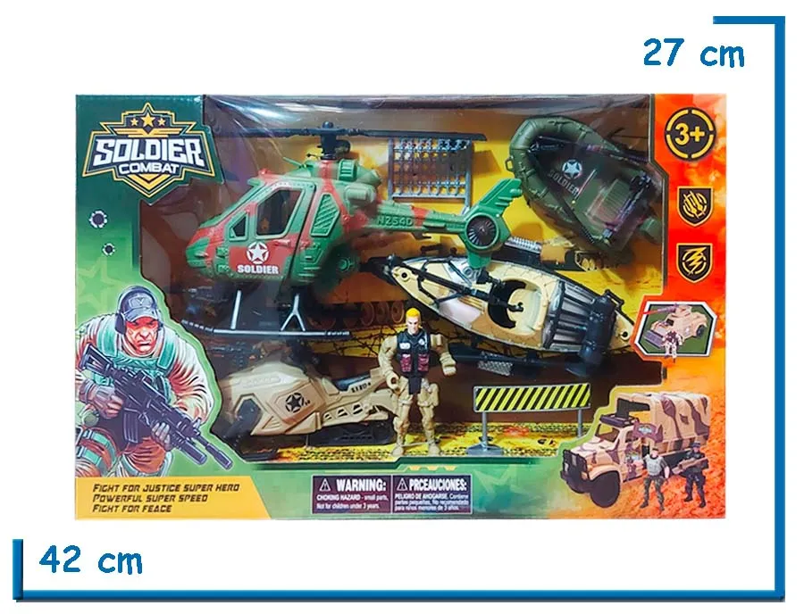 SOLDIER COMBAT SET GRANDE SOLDADO Y 4 VEHICULOS (HELICOPTERO)