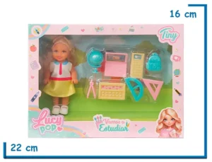 TINY LUCY POP MUÑECA VESTIDO AMARILLO CON UTILES ESCOLARES