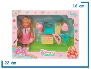TINY LUCY POP MUÑECA VESTIDO ROSA CON UTILES ESCOLARES