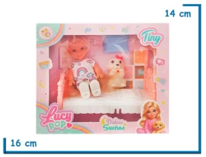 TINY LUCY POP MUÑECA VESTIDO ARCOIRIS CON CAMA Y MASCOTA