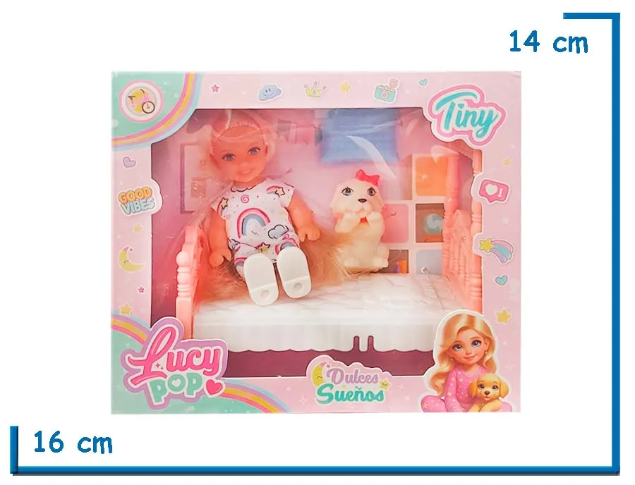 TINY LUCY POP MUÑECA VESTIDO ARCOIRIS CON CAMA Y MASCOTA