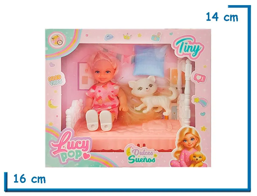 TINY LUCY POP MUÑECA VESTIDO HELADOS CON CAMA Y MASCOTA
