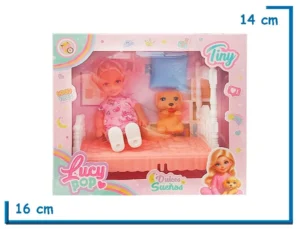 TINY LUCY POP MUÑECA VESTIDO UNICORNIO CON CAMA Y MASCOTA