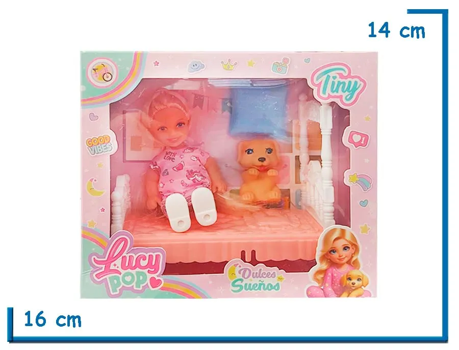 TINY LUCY POP MUÑECA VESTIDO UNICORNIO CON CAMA Y MASCOTA
