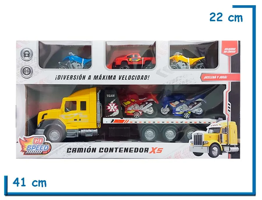 GO SPEED CAMION CONTENEDOR X5 AMARILLO A FRICCIÓN CON 5 VEHICULOS