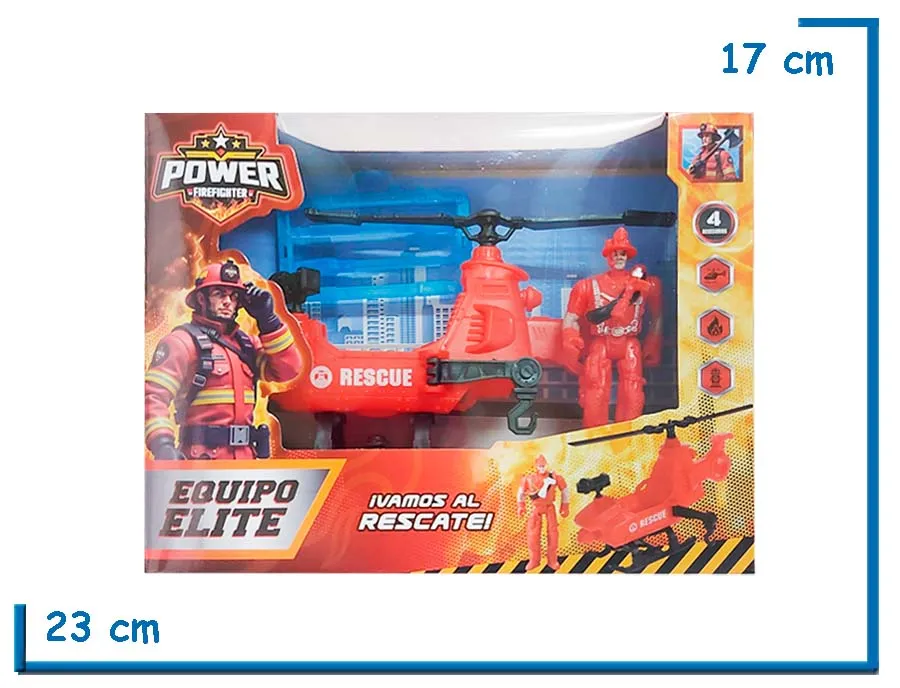 POWER FIREFIGHTER  FIGURA BONBERO CON HELICOPTERO EN CAJA