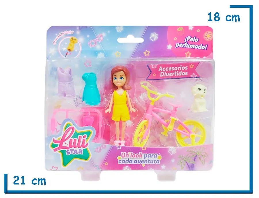 LULI STAR MUÑECA PELO MARRON CON BICICLETA Y ACCESORIOS