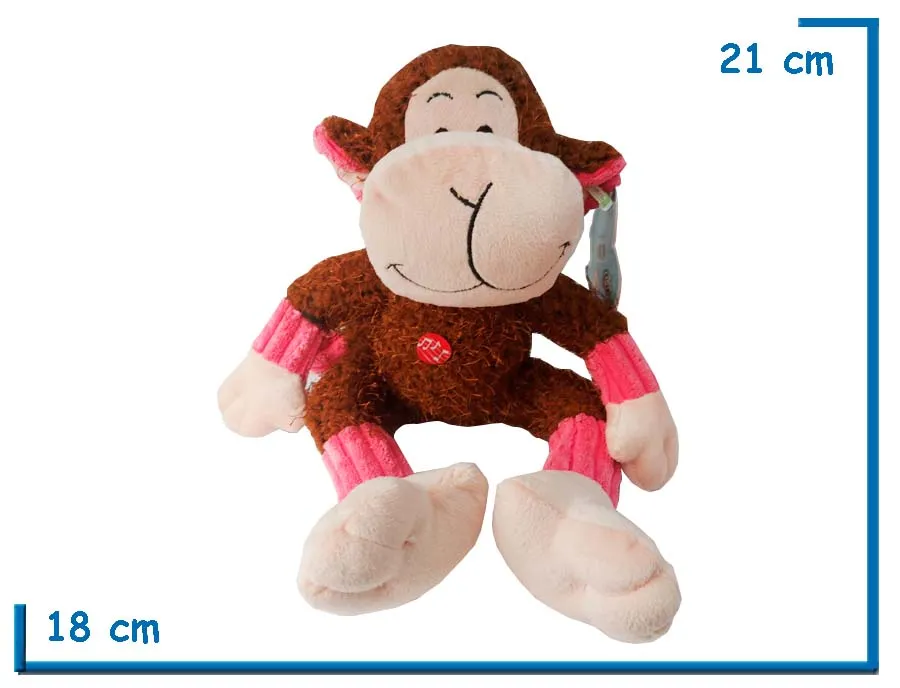 PELUCHE MONO SENTADO DETALLES FUCSIA CON SONIDO