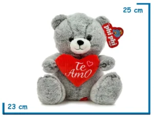PELUCHE OSO GRIS SENTADO CON CORAZON TE AMO 25CM