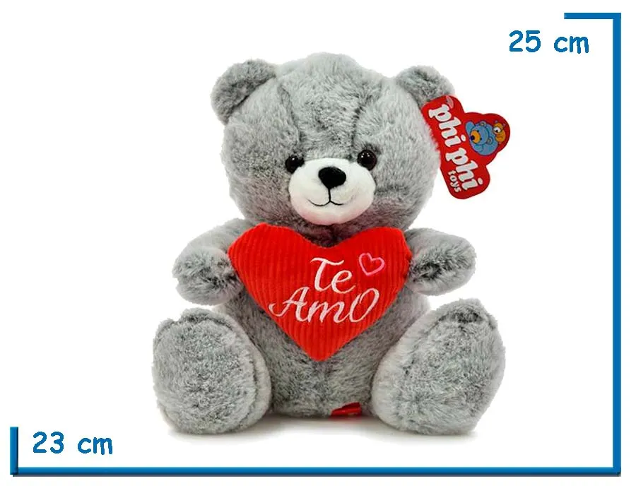 PELUCHE OSO GRIS SENTADO CON CORAZON TE AMO 25CM