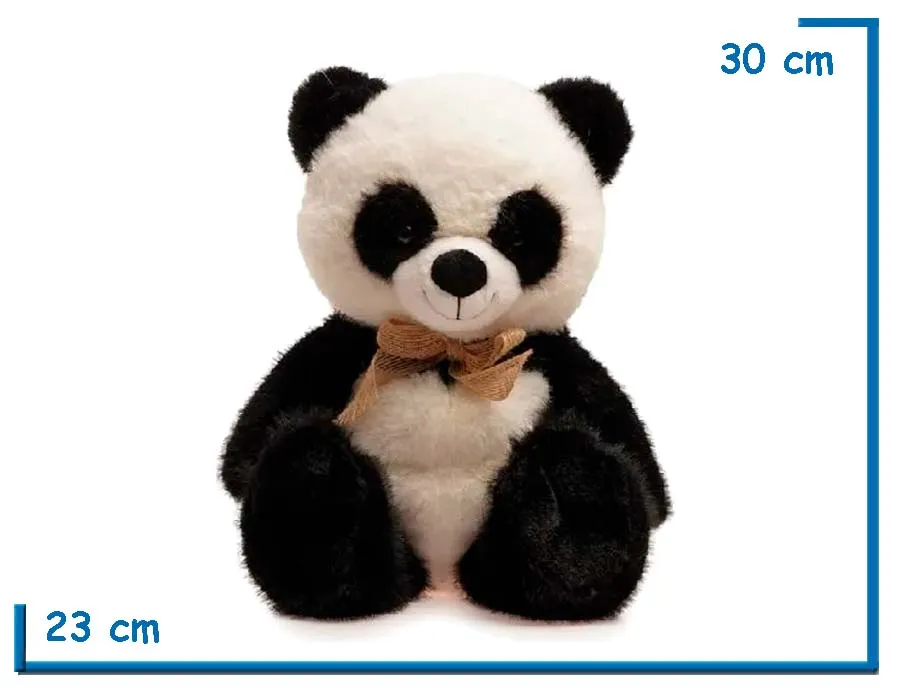 PELUCHE PANDA SUAVE SENTADO CON MOÑO RUSTICO 30CM