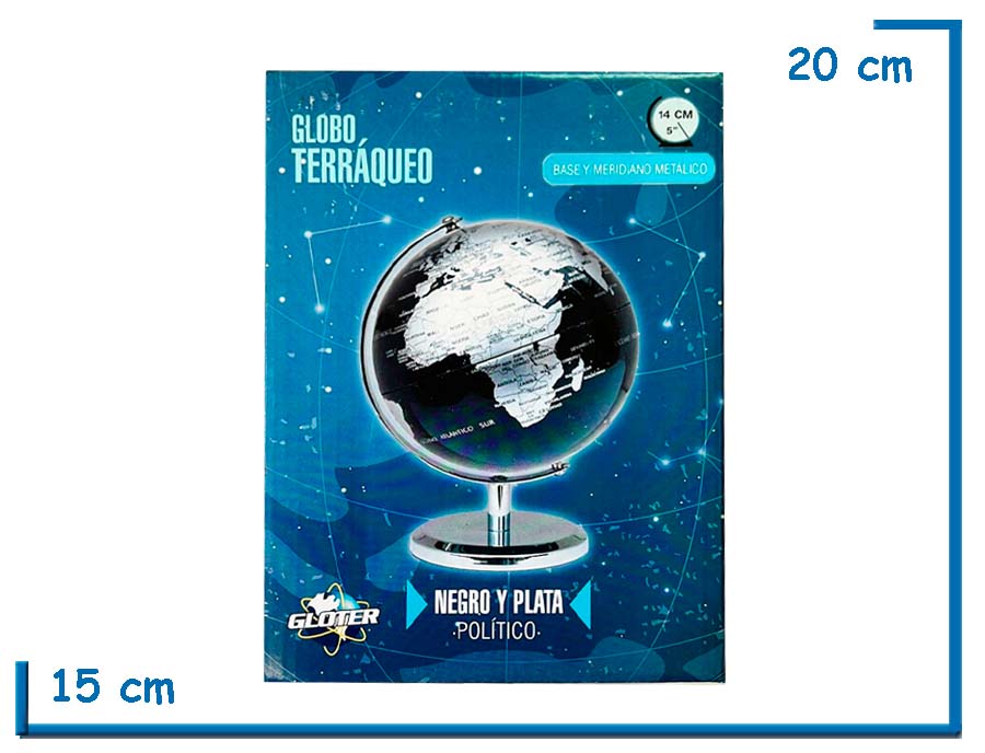 GLOTER GLOBO TERRAQUEO NEGRO Y PLATA BASE METALICA 14CM