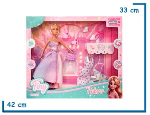 TINY FASHION MUÑECA VESTIDO LILA ESTRELLAS CON 3 CAMBIOS DE ROPA