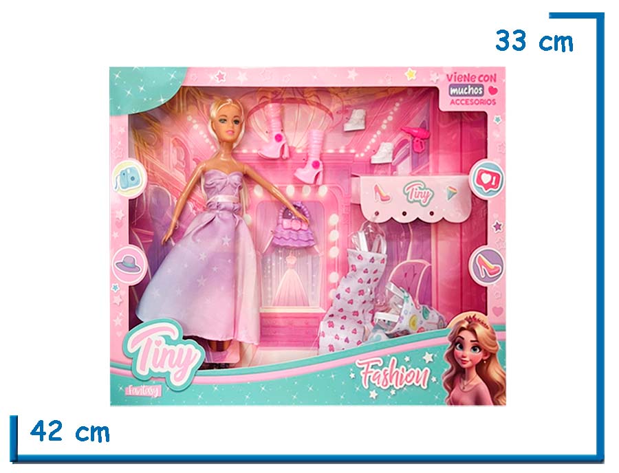 TINY FASHION MUÑECA VESTIDO LILA ESTRELLAS CON 3 CAMBIOS DE ROPA