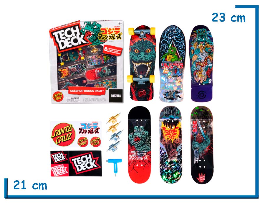 SPIN MASTER TECH DECK GODZILLA VS SANTA CRUZ SK8SHOP BONUS PACK 6 PZS
