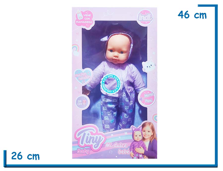 TINY BABY BEBE PIJAMA LILA CON MAMADERA Y SONIDO 39CM