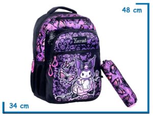 MOCHILA ESPALDA 18'' KUROMI NEGRA MARIPOSAS CON CARTUCHERA