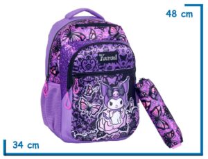 MOCHILA ESPALDA 18'' KUROMI VIOLETA MARIPOSAS CON CARTUCHERA