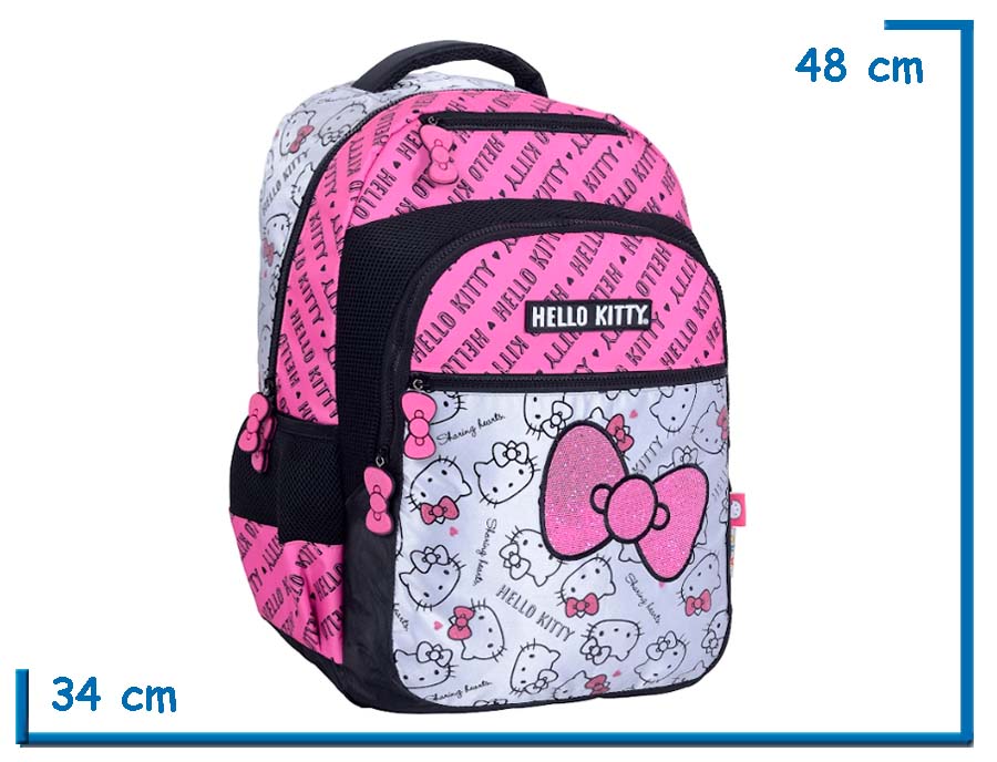 MOCHILA ESPALDA 18” HELLO KITTY ROSA Y PLATEADA MOÑO