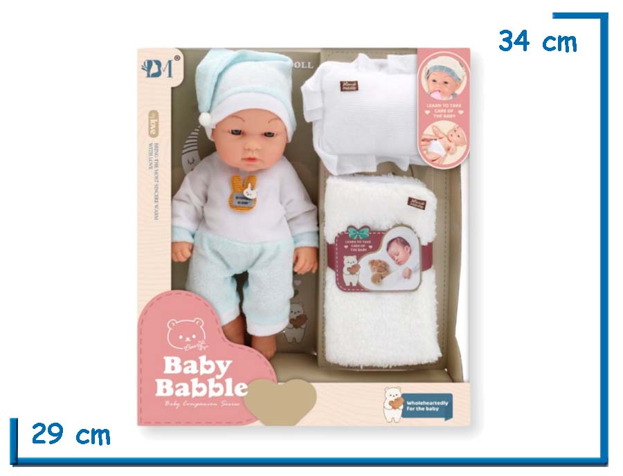 BABY BABBLE BEBOTE PIJAMA CELESTE Y BLANCO CON ACCESORIOS