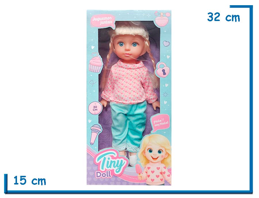 TINY DOLL MUÑECA SWEATER ROSA CORAZONES 30CM