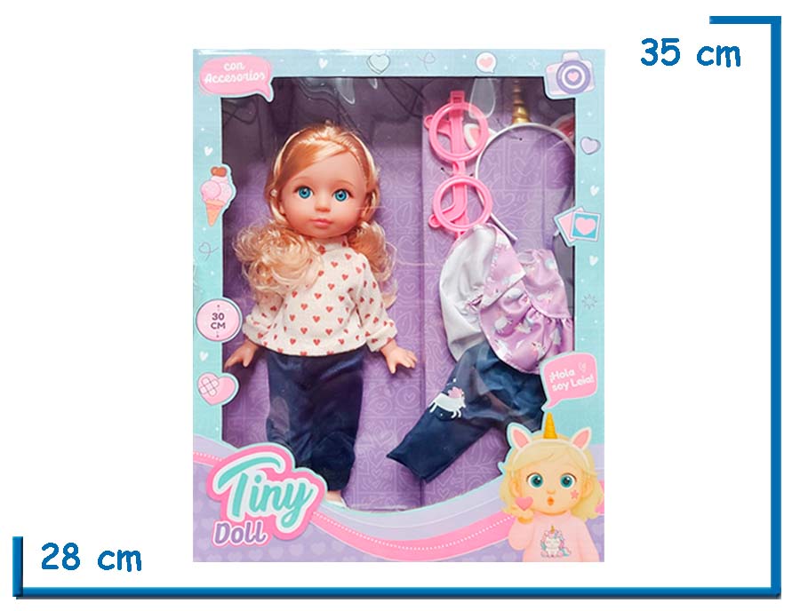 TINY DOLL MUÑECA SWEATER BEIGE CORAZONES CON ACCESORIOS 30CM