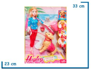 HAYLEY MUÑECA REMERA CELESTE RAYADA CON MASCOTA Y ACCESORIOS