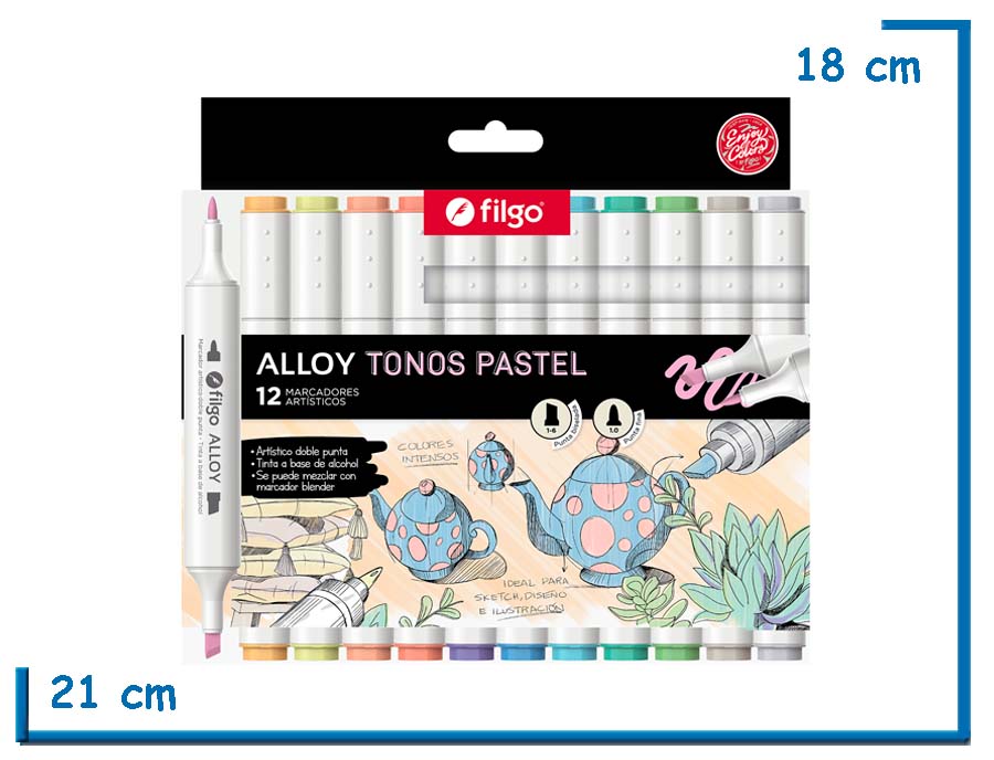 FILGO ALLOY TONOS PASTEL 12 MARCADORES ARTISTICOS DOBLE PUNTA