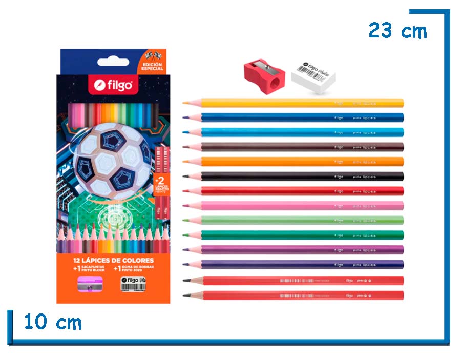 FILGO ESTUCHE FUTBOL LAPICES DE COLORES X12 HB X2 GOMA Y SACAPUNTAS