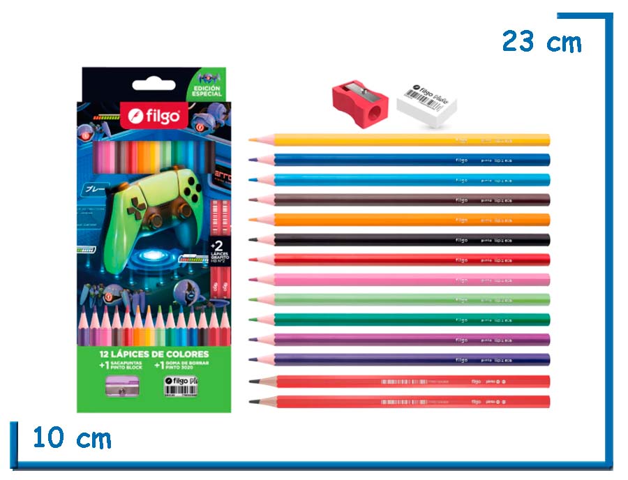 FILGO ESTUCHE GAMER LAPICES DE COLORES X12 HB X2 GOMA Y SACAPUNTAS